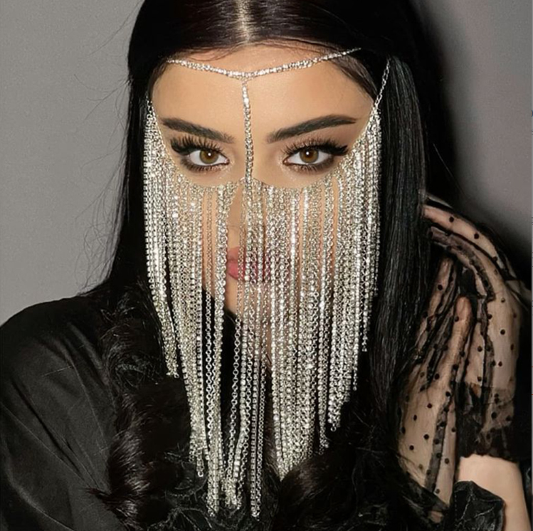 Crystal Face Chain Mask With Rhinestone Tassel Veil Headpiece